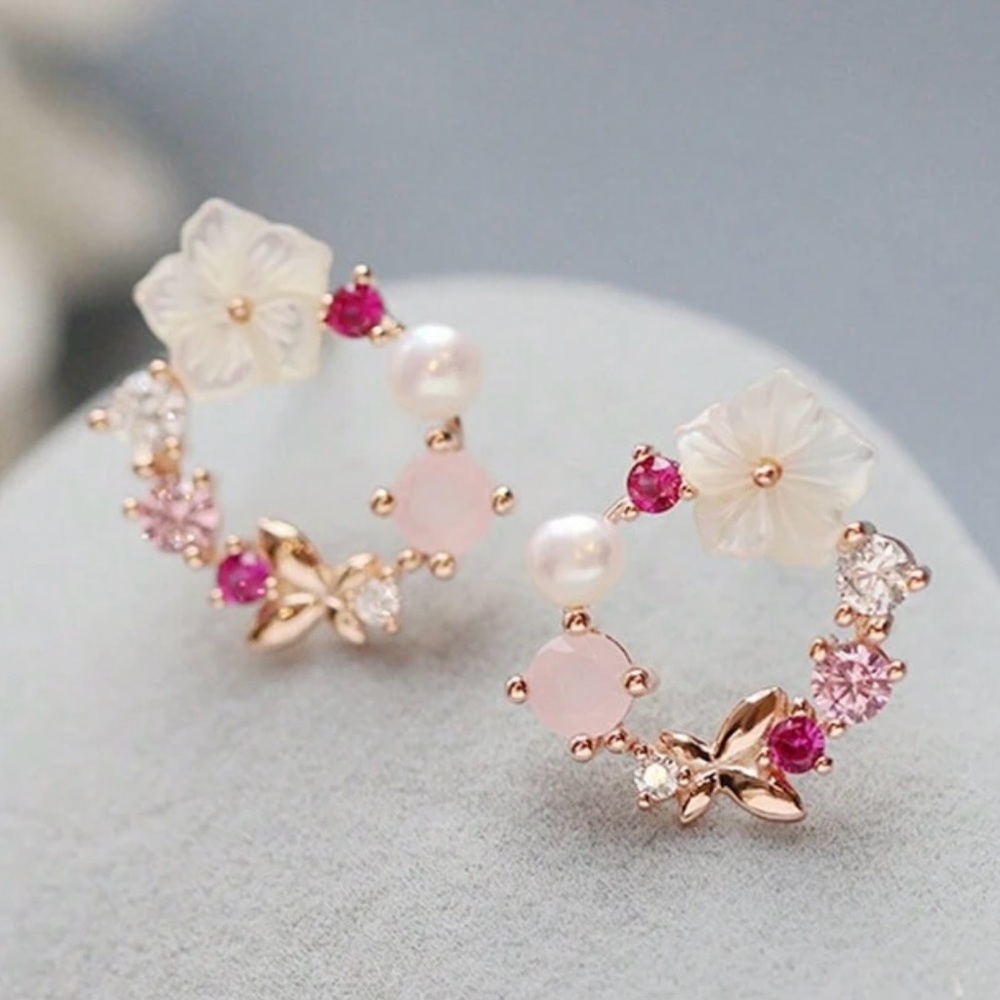 Elegant Floral Pink and Gold Earrings